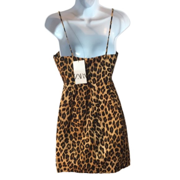 Zara Cheetah Print Spaghetti Strap Dress Zippered Back Size Small - Picture 2 of 10